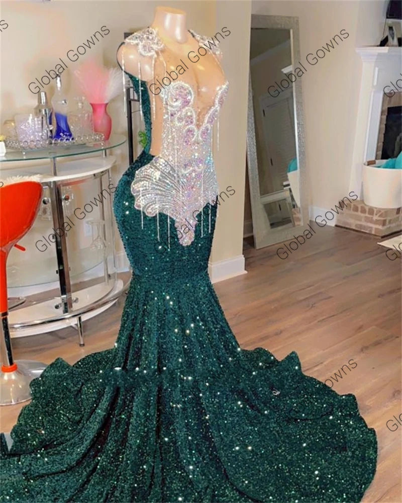 Sheer Crystal Tassel Prom Dress – Custom Sequined Birthday & Evening Gown