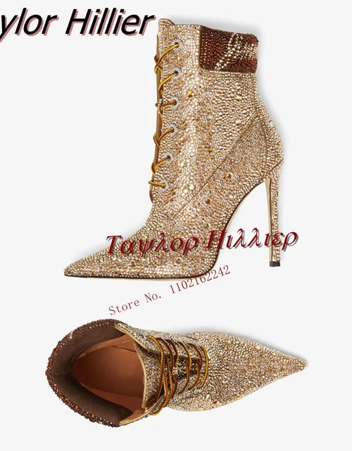 Load image into Gallery viewer, Glamour &amp; Elegance: Gold Handmade Drill Short Boots with Pointed Toe and Thin Heel
