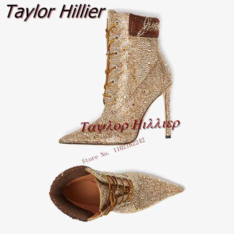 Glamour & Elegance: Gold Handmade Drill Short Boots with Pointed Toe and Thin Heel