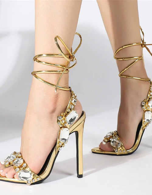 Load image into Gallery viewer, Luxury Gold Ankle Strap Sandals – Crystal Diamond Stripper Heels for Weddings &amp; Nightclubs
