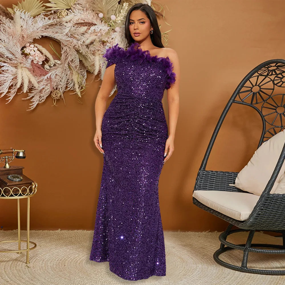 Dazzling Sequined Backless Maxi Dress with Feather & Bead Detailing – Perfect for Birthday Party