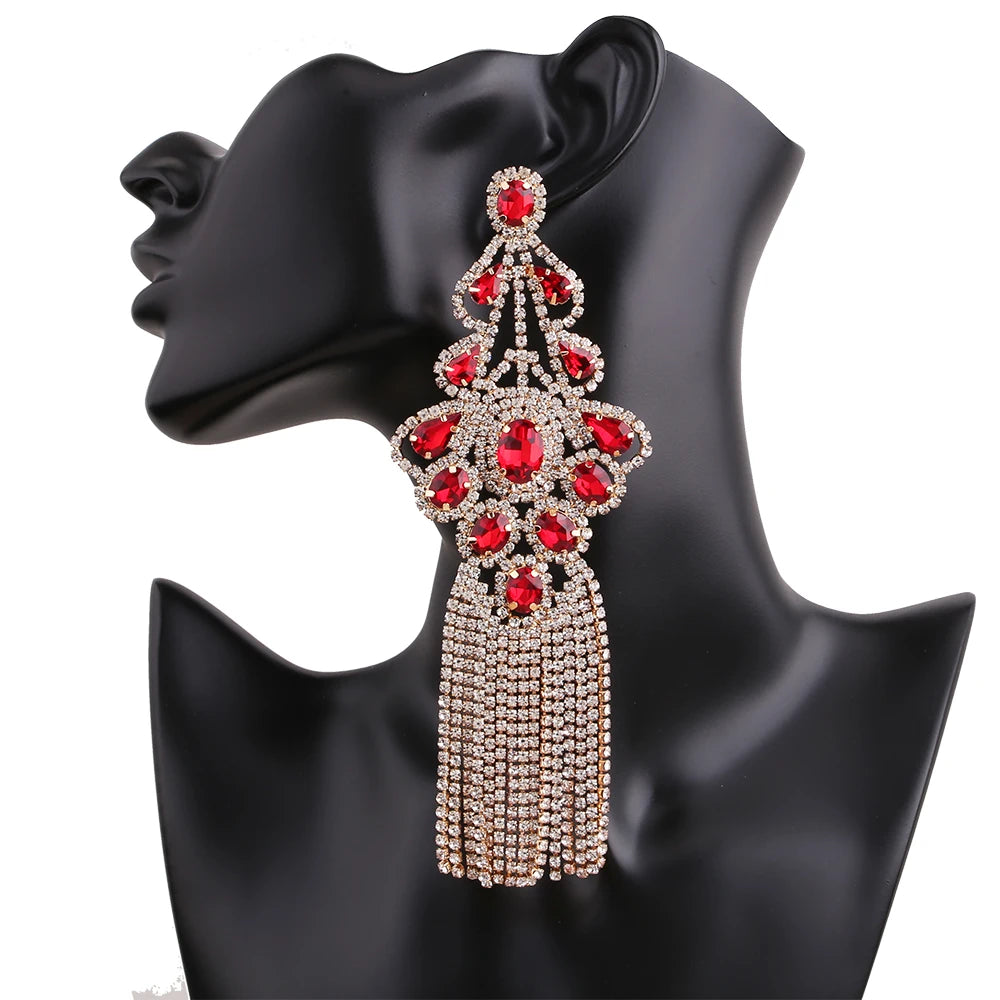 Statement Rhinestone Tassel Drop Earrings – Crystal Dangle Jewelry for Women