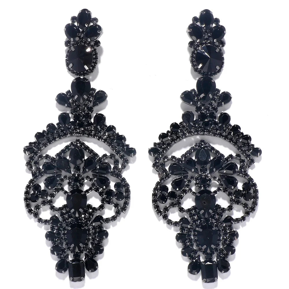 Exaggerated Black Crystal Statement Earrings – Oversized Rhinestone Dangle Prom Jewelry for Women