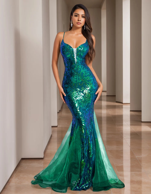 Load image into Gallery viewer, Glamorous &amp; Bold: Deep V-Neck Sequin Spaghetti Strap Evening Gown for Unforgettable Nights
