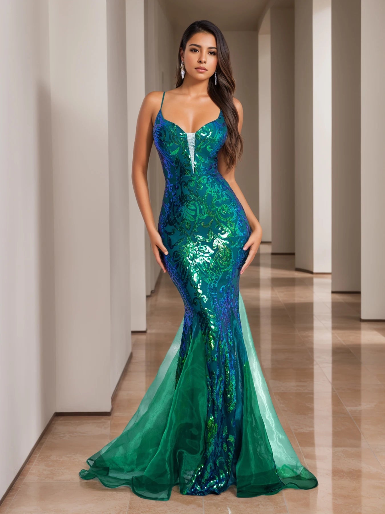 Glamorous & Bold: Deep V-Neck Sequin Spaghetti Strap Evening Gown for Unforgettable Nights