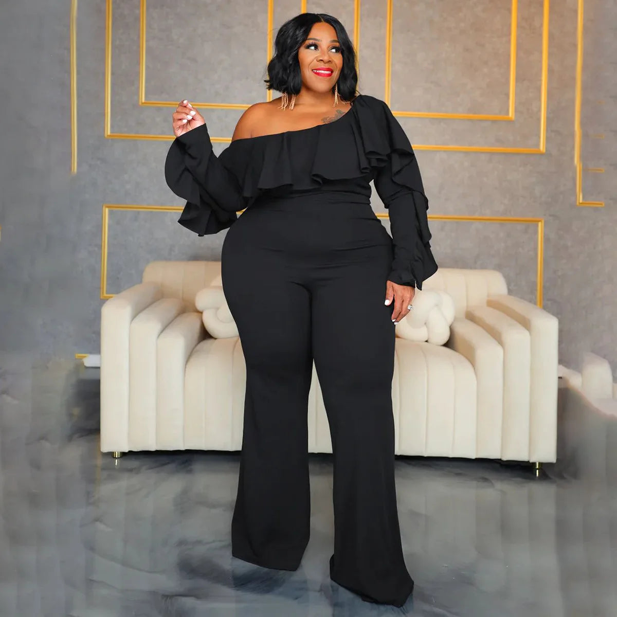 Plus-Size Wide-Leg Jumpsuit – Black Urban Leisure Summer Bodysuit for Women