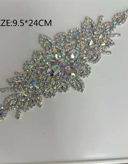 Load image into Gallery viewer, AB Silver Rhinestone Flower Applique – Elegant Iron-On/Sew-On Decoration for Wedding Dresses &amp; Clothes
