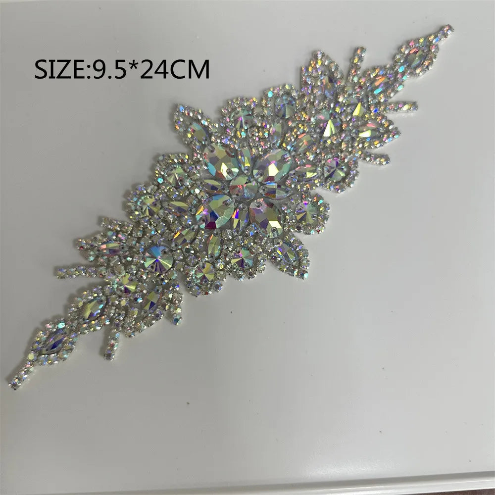 AB Silver Rhinestone Flower Applique – Elegant Iron-On/Sew-On Decoration for Wedding Dresses & Clothes