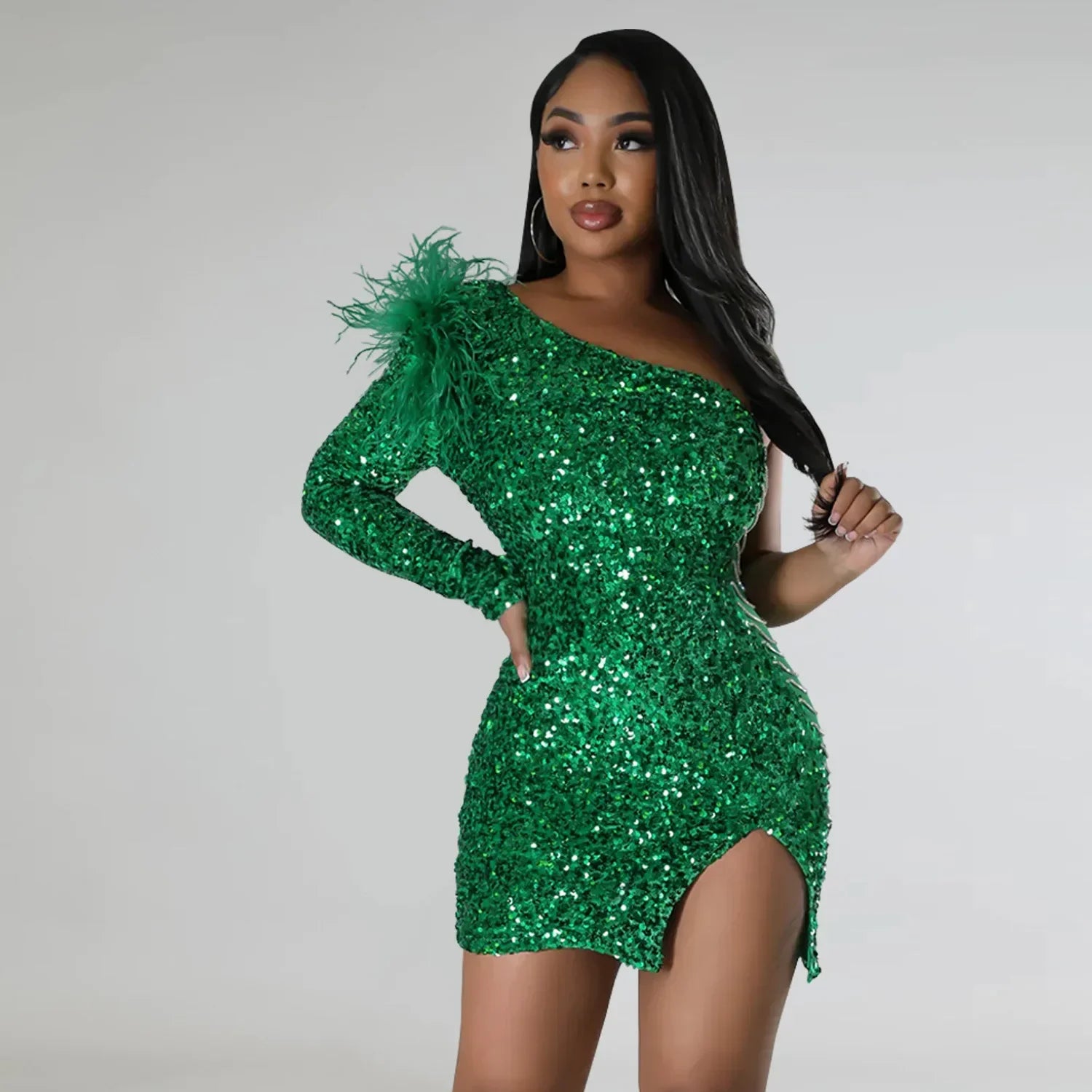 One-Shoulder Feather Sleeve Sequin Bodycon Midi Dress – Elegant Party & Cocktail Dress for Women