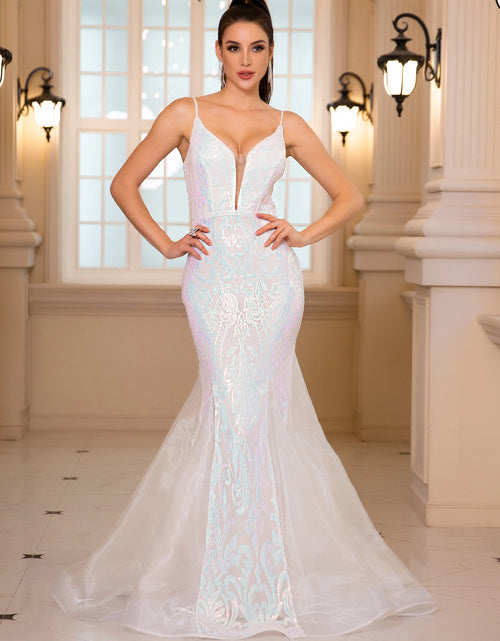 Load image into Gallery viewer, Elegance Redefined: Deep V-Neck Sleeveless White Sequin Wedding &amp; Party Gown
