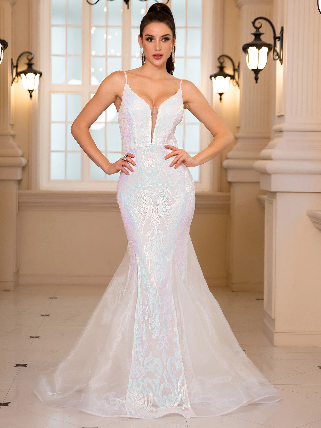 Elegance Redefined: Deep V-Neck Sleeveless White Sequin Wedding & Party Gown