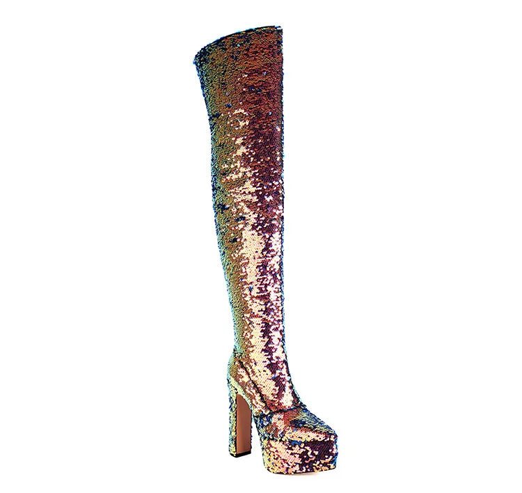 Showstopper: Sequin Over-the-Knee Platform Boots with High Heels