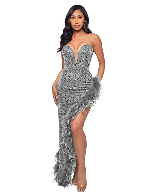 Load image into Gallery viewer, Strapless Sequin Feather Bodycon Dress – Elegant Cocktail &amp; Formal Party Wear for Women
