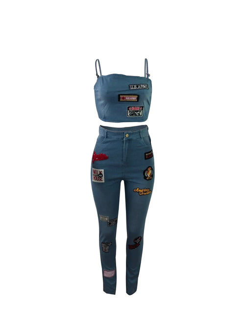 Load image into Gallery viewer, Sexy Denim Two-Piece Set – Women’s Crop Top and Pants Matching Outfit
