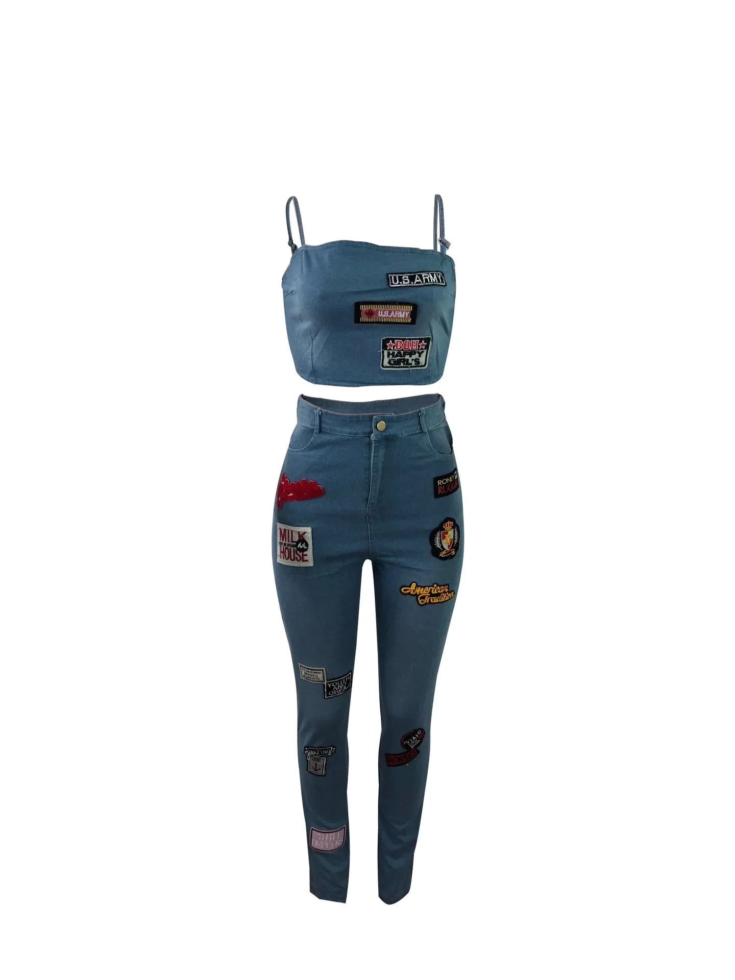 Sexy Denim Two-Piece Set – Women’s Crop Top and Pants Matching Outfit