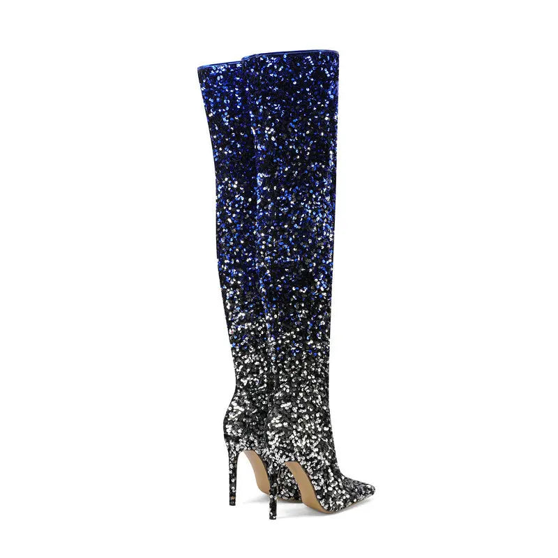 Shimmer & Stride: Gradient Sequin Over-the-Knee Boots with 11CM Heels