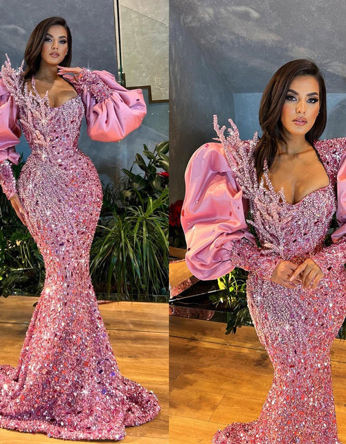 Load image into Gallery viewer, Sparkling Pink Mermaid Evening Gown with Puff Sleeves – Custom Crystal Sequin Prom Dress
