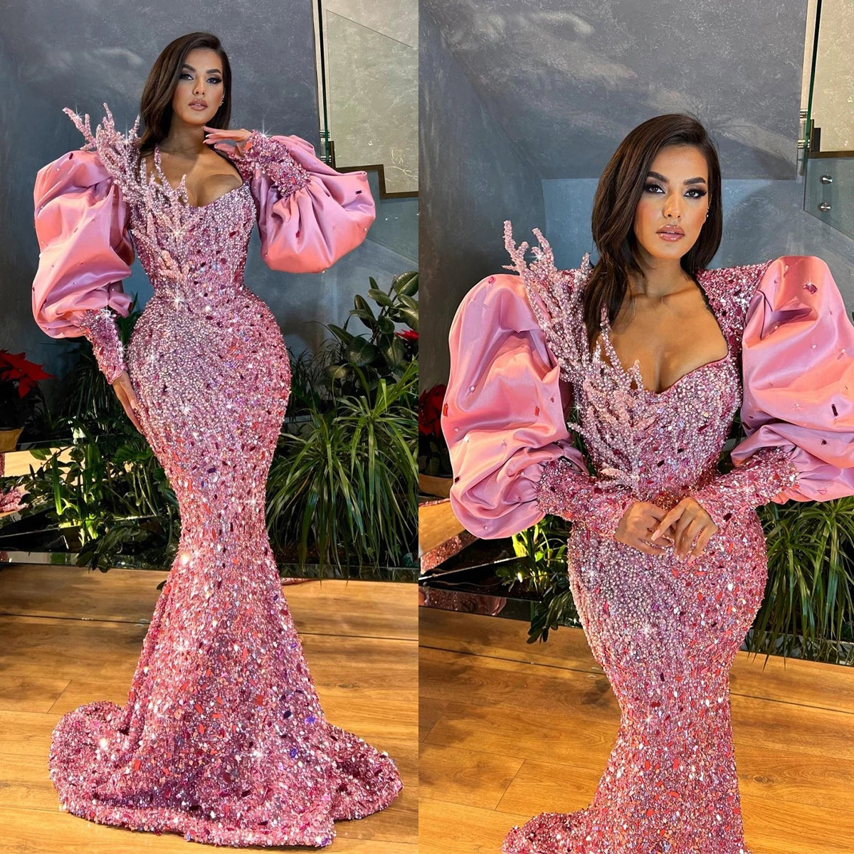 Sparkling Pink Mermaid Evening Gown with Puff Sleeves – Custom Crystal Sequin Prom Dress