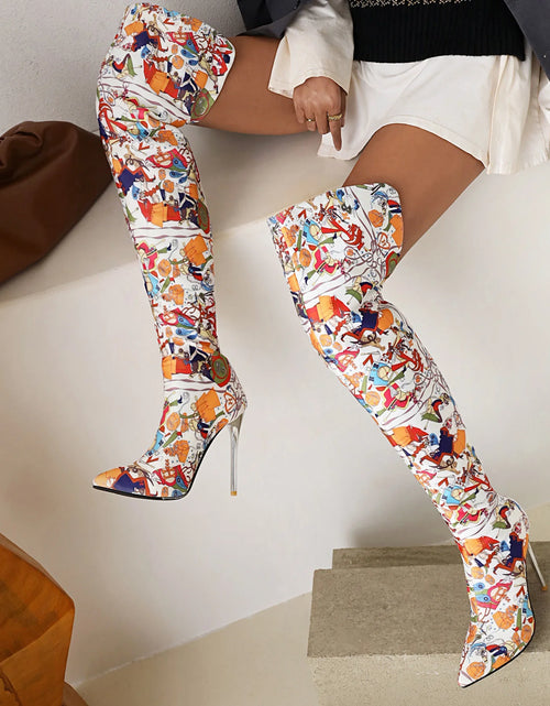 Load image into Gallery viewer, Fierce Elegance: Pointed Toe Stiletto Thigh-High Print Boots
