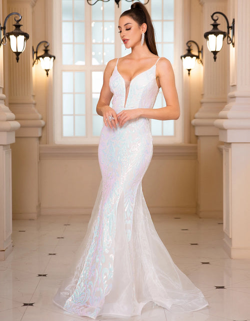 Load image into Gallery viewer, Elegance Redefined: Deep V-Neck Sleeveless White Sequin Wedding &amp; Party Gown
