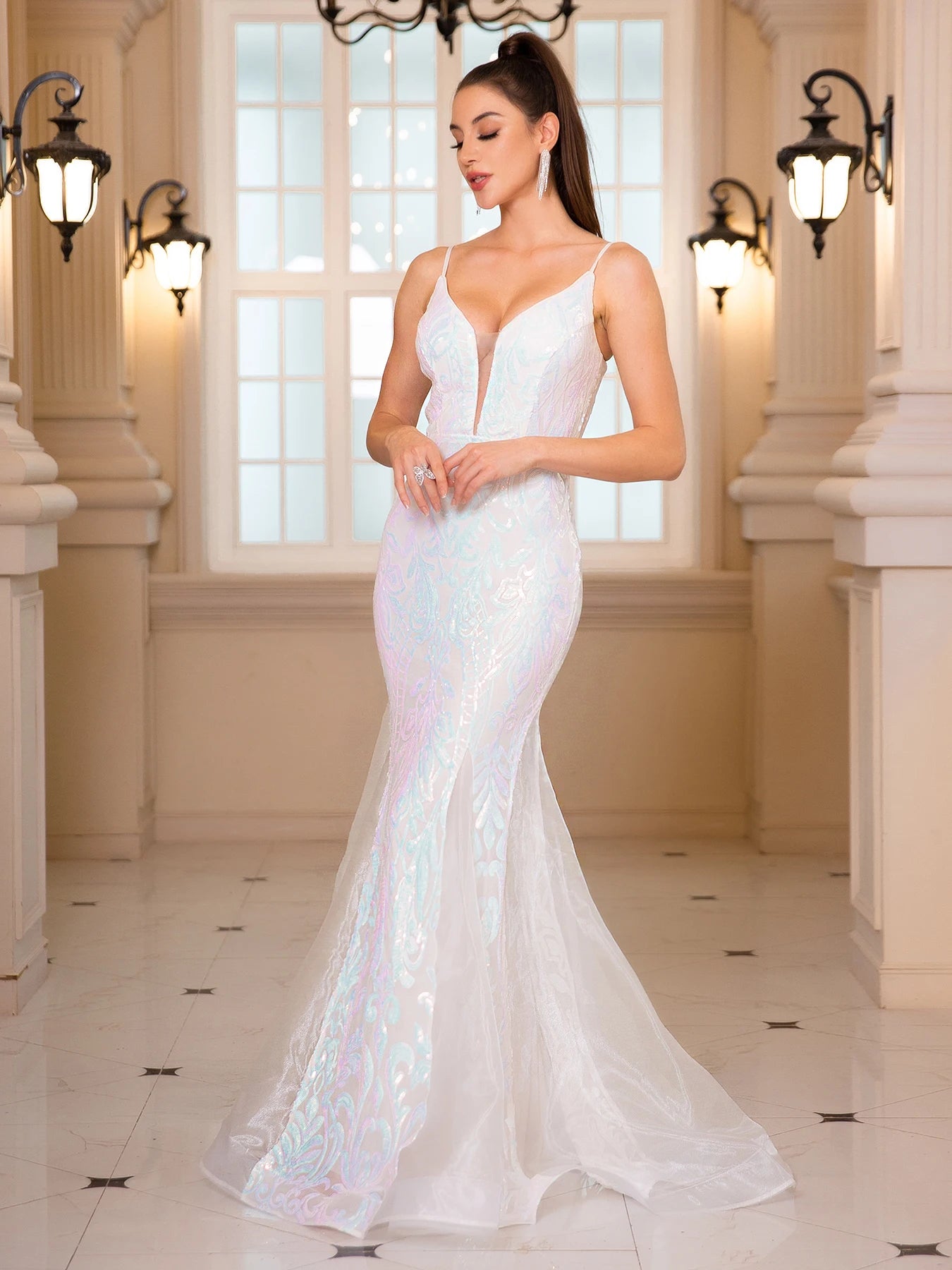 Elegance Redefined: Deep V-Neck Sleeveless White Sequin Wedding & Party Gown