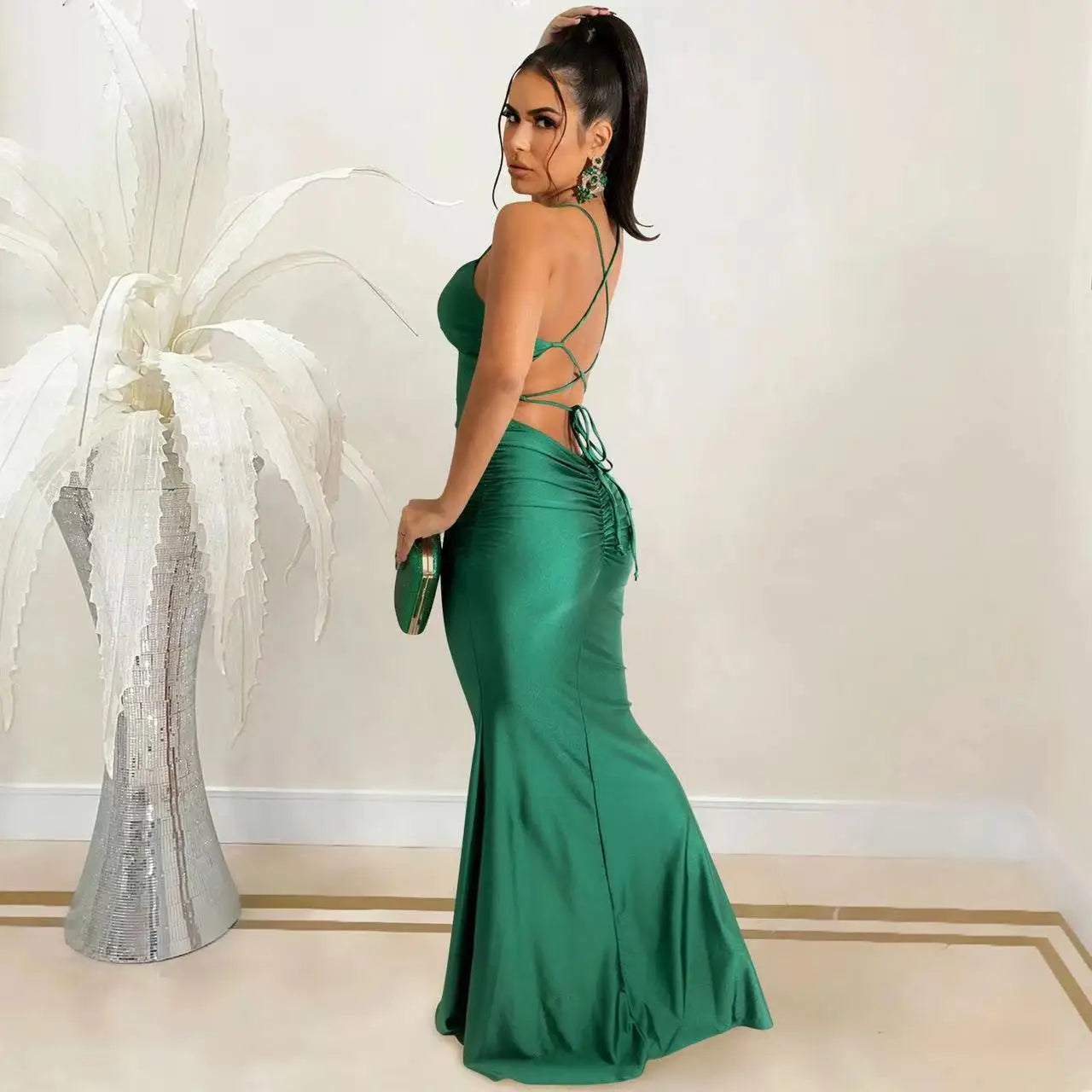 Sexy Lace-Up Backless Satin Maxi Dress – Solid Bodycon Evening Party Dress for Women