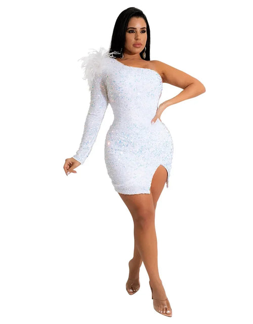 Load image into Gallery viewer, One-Shoulder Feather Sleeve Sequin Bodycon Midi Dress – Elegant Party &amp; Cocktail Dress for Women
