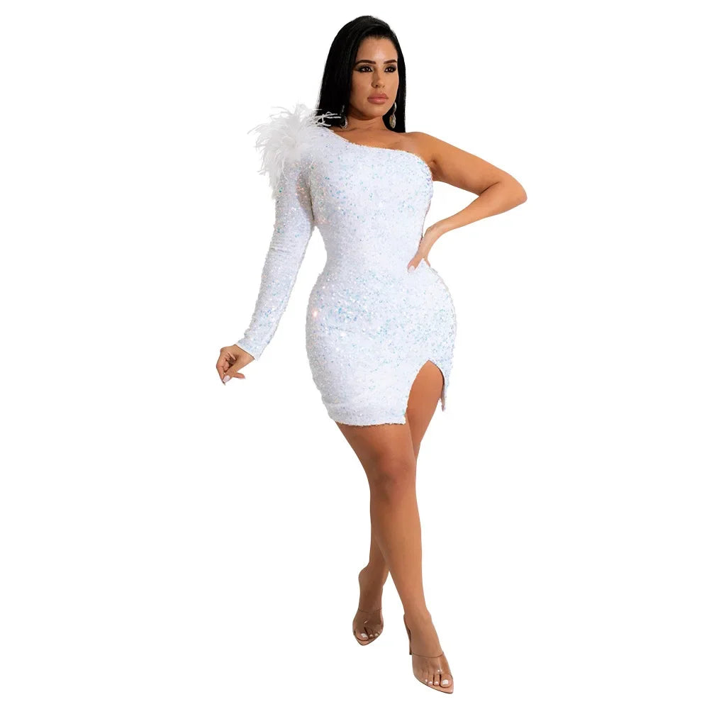 One-Shoulder Feather Sleeve Sequin Bodycon Midi Dress – Elegant Party & Cocktail Dress for Women