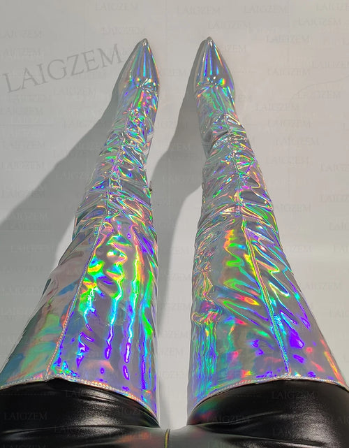 Load image into Gallery viewer, Holographic Glam: LAIGZEM Thigh-High Boots with High Heels
