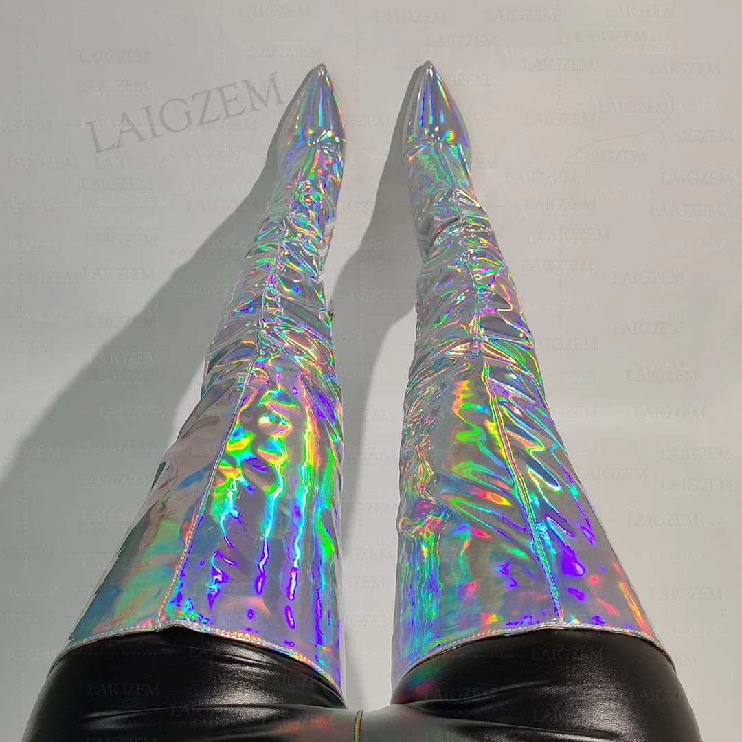 Holographic Glam: LAIGZEM Thigh-High Boots with High Heels