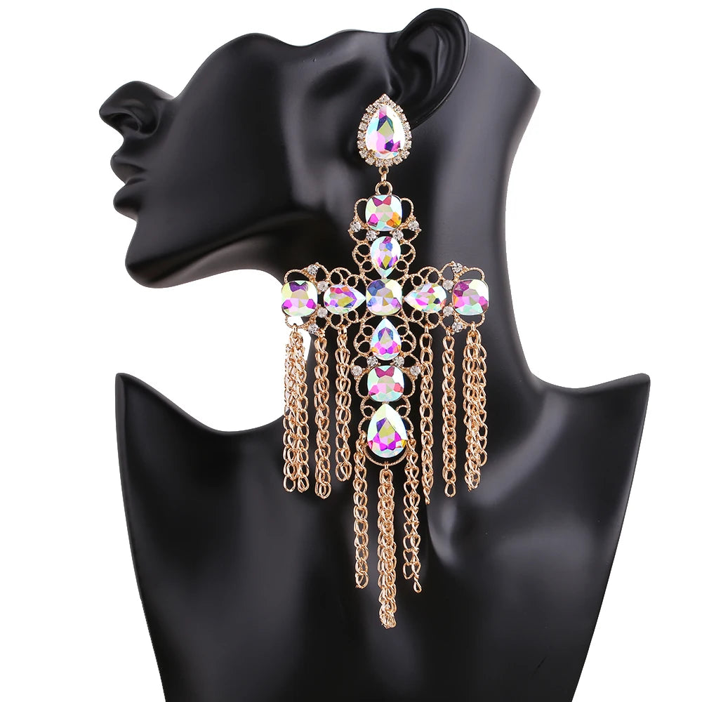 Statement Rhinestone Tassel Drop Earrings – Crystal Dangle Jewelry for Women