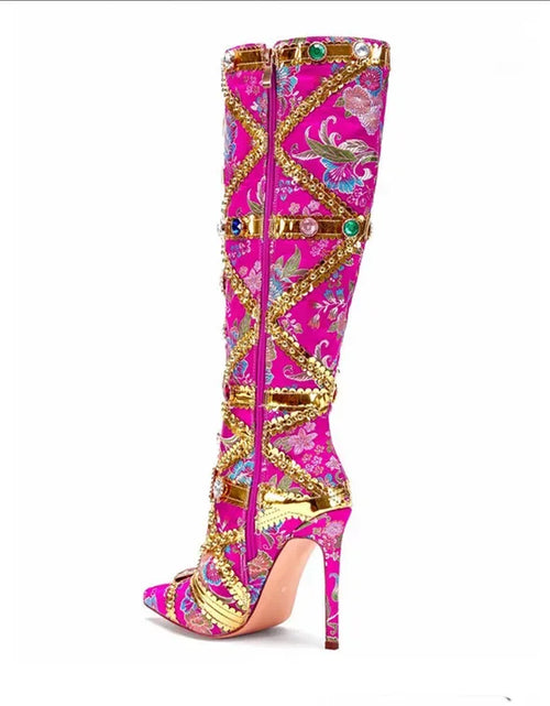 Load image into Gallery viewer, Vibrant Elegance: Colorful Rhinestone Embroidered Mid-Length Ethnic Boots
