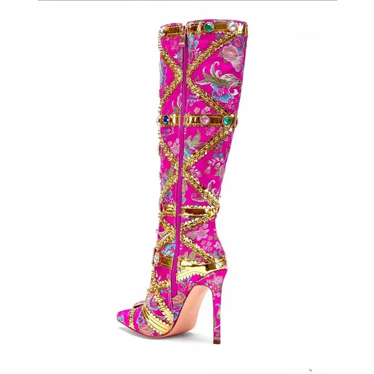 Vibrant Elegance: Colorful Rhinestone Embroidered Mid-Length Ethnic Boots