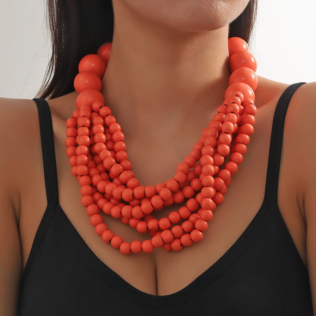 African Style Bohemian Multi-layer Wooden Bead Handmade Beaded Bib Necklace For Women