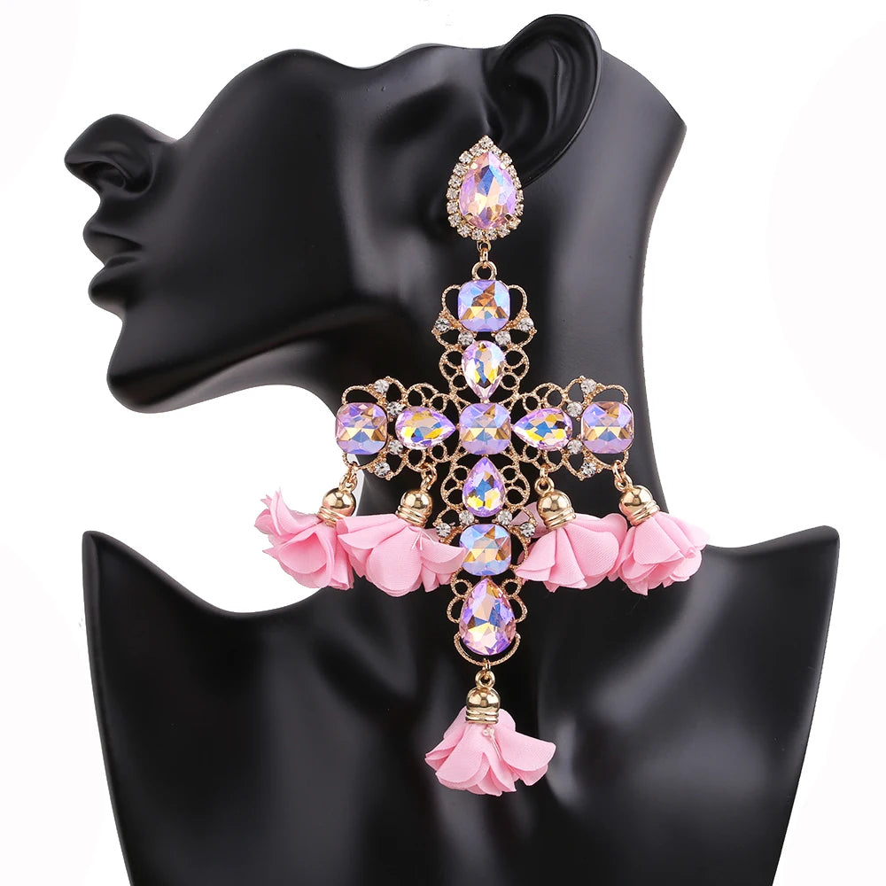 Statement Rhinestone Tassel Drop Earrings – Crystal Dangle Jewelry for Women