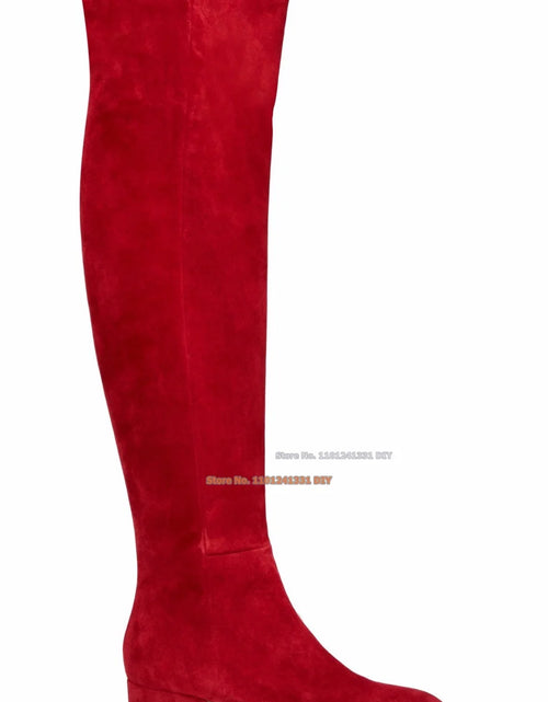 Load image into Gallery viewer, Winter Red Suede Over-The-Knee Boots – Stylish Round Toe, Thick Heels High Boots for Women
