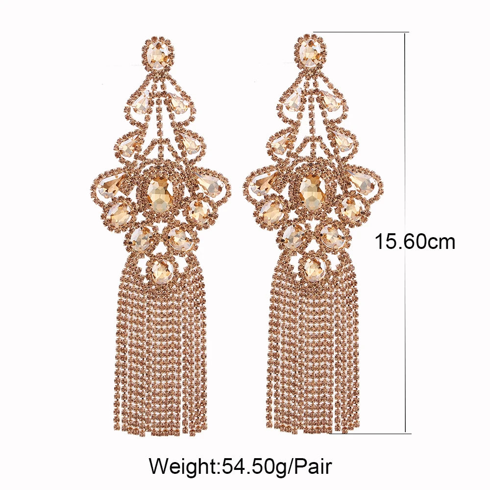 Statement Rhinestone Tassel Drop Earrings – Crystal Dangle Jewelry for Women