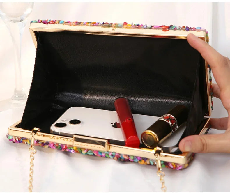 Luxury Colorful Stone Evening Bag – Designer Wedding & Party Crossbody with Chain Wallet