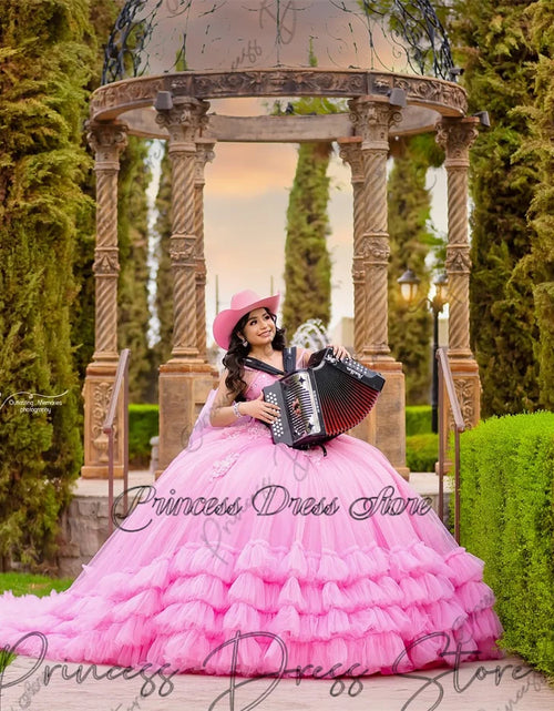 Load image into Gallery viewer, Mexican Elegance: Lace Applique Quinceañera Ball Gown with Beaded Sleeves and Corset
