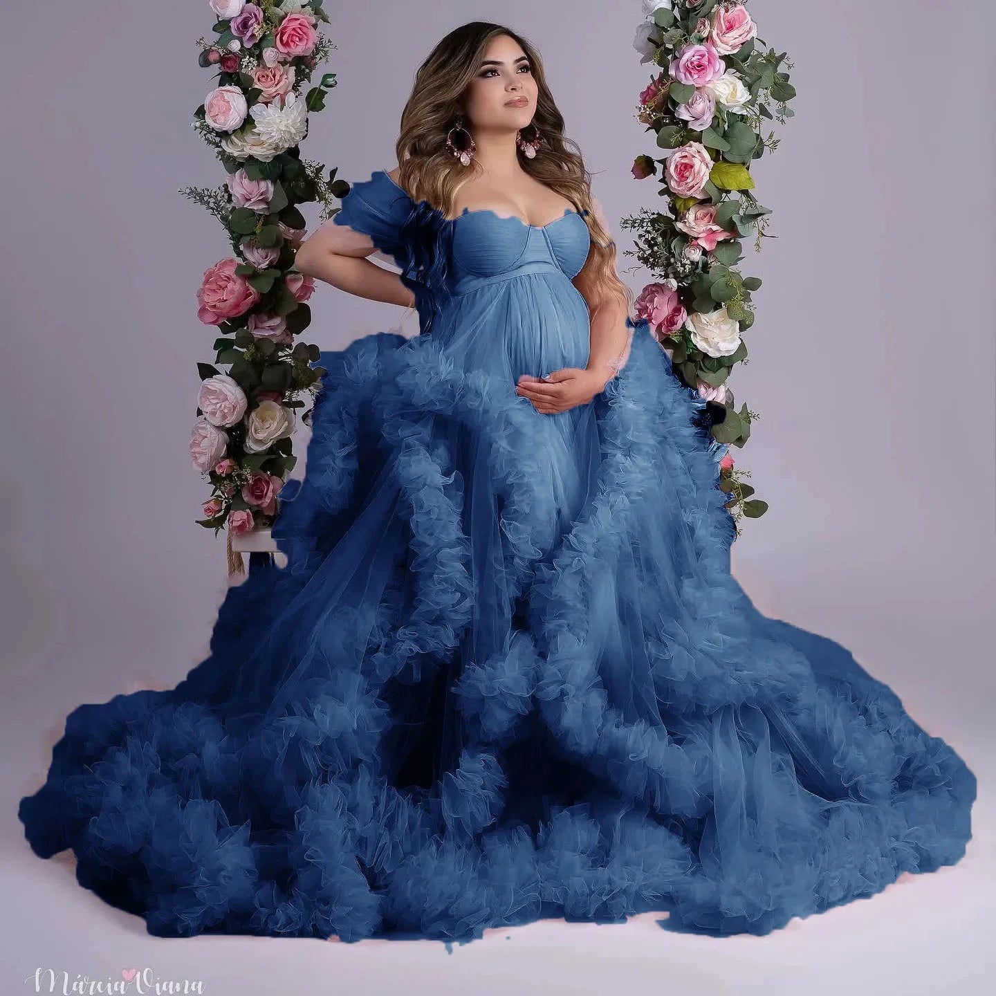 Ruffled Off-Shoulder Maternity Photoshoot & Baby Shower Dress