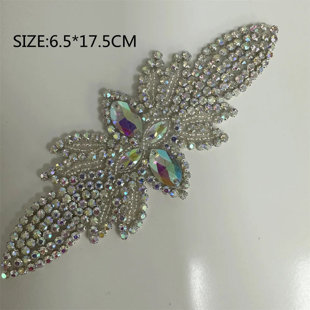 AB Silver Rhinestone Flower Applique – Elegant Iron-On/Sew-On Decoration for Wedding Dresses & Clothes