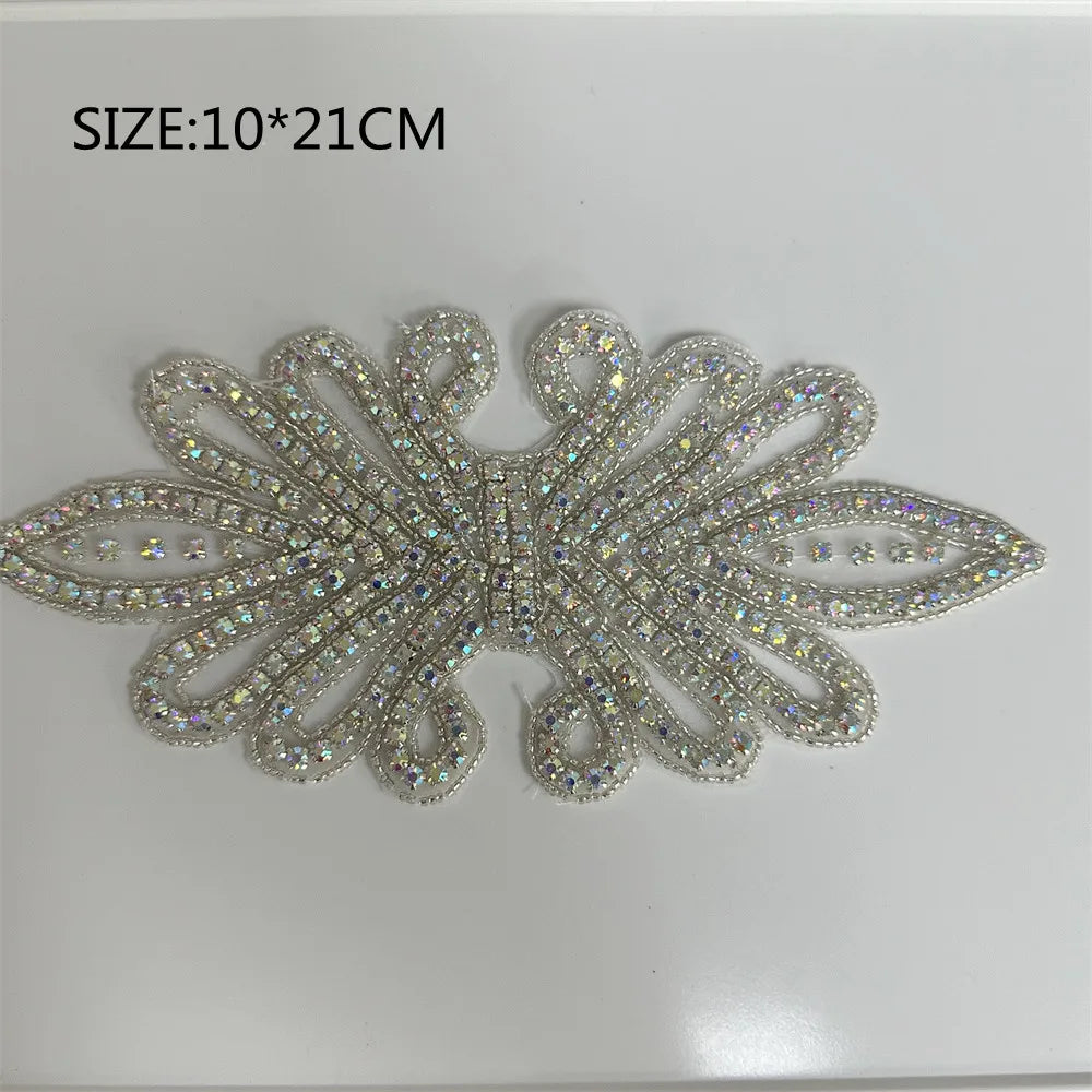 AB Silver Rhinestone Flower Applique – Elegant Iron-On/Sew-On Decoration for Wedding Dresses & Clothes