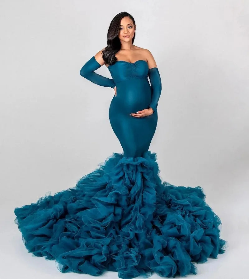 Chic Mermaid Maternity Robe – Off-Shoulder Sweetheart Photo Shoot Gown