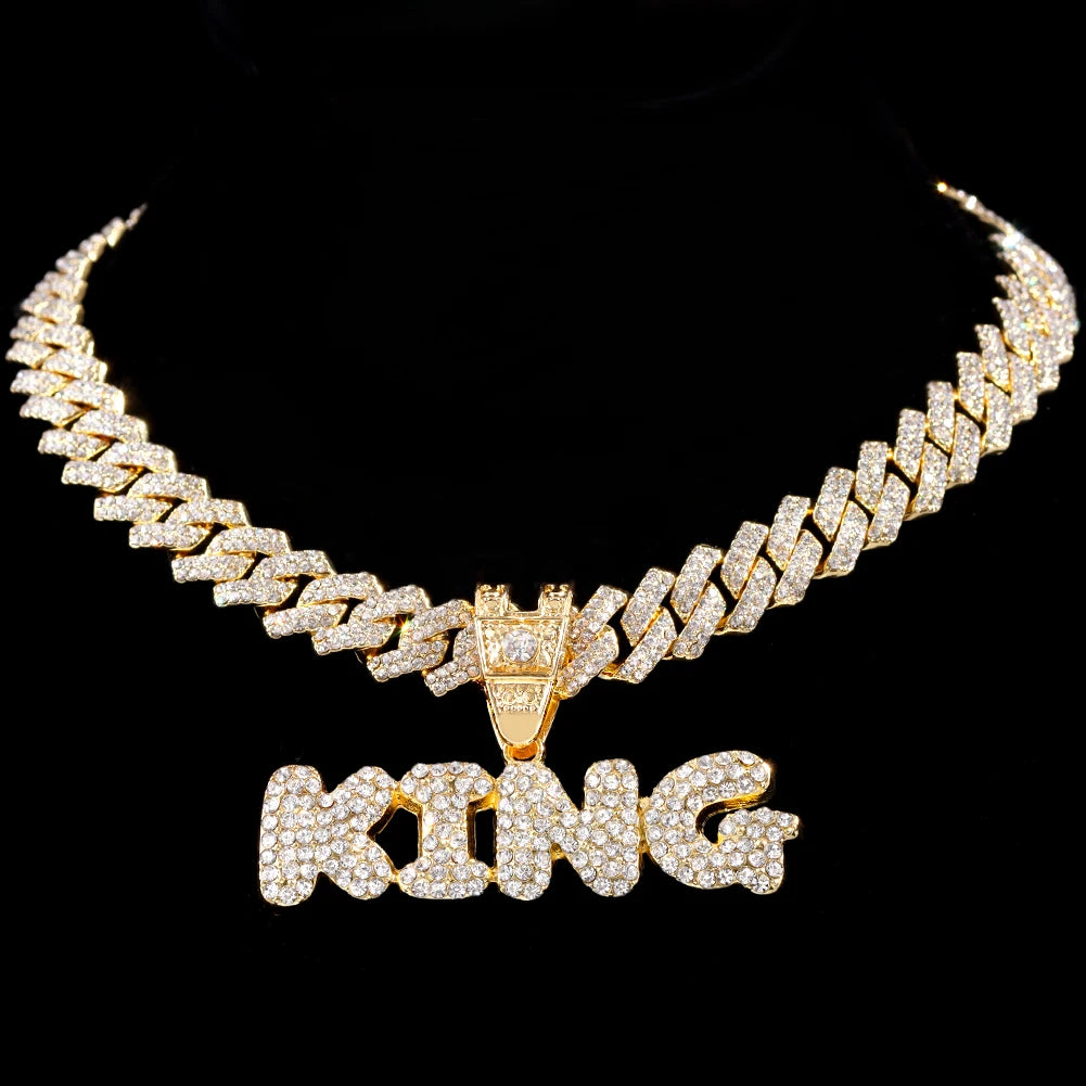 Iced Out Full Rhinestones KING QUEEN Letter Pendant Necklace 14mm Miami Rhombus Cuban Chain Hip Hop Necklaces Jewelry