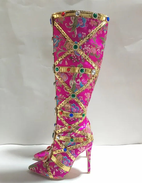 Load image into Gallery viewer, Vibrant Elegance: Colorful Rhinestone Embroidered Mid-Length Ethnic Boots
