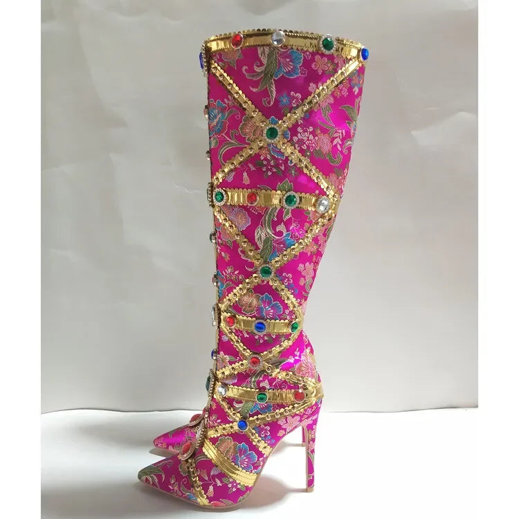 Vibrant Elegance: Colorful Rhinestone Embroidered Mid-Length Ethnic Boots