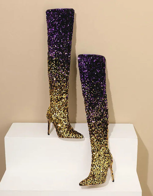 Load image into Gallery viewer, Shimmer &amp; Stride: Gradient Sequin Over-the-Knee Boots with 11CM Heels
