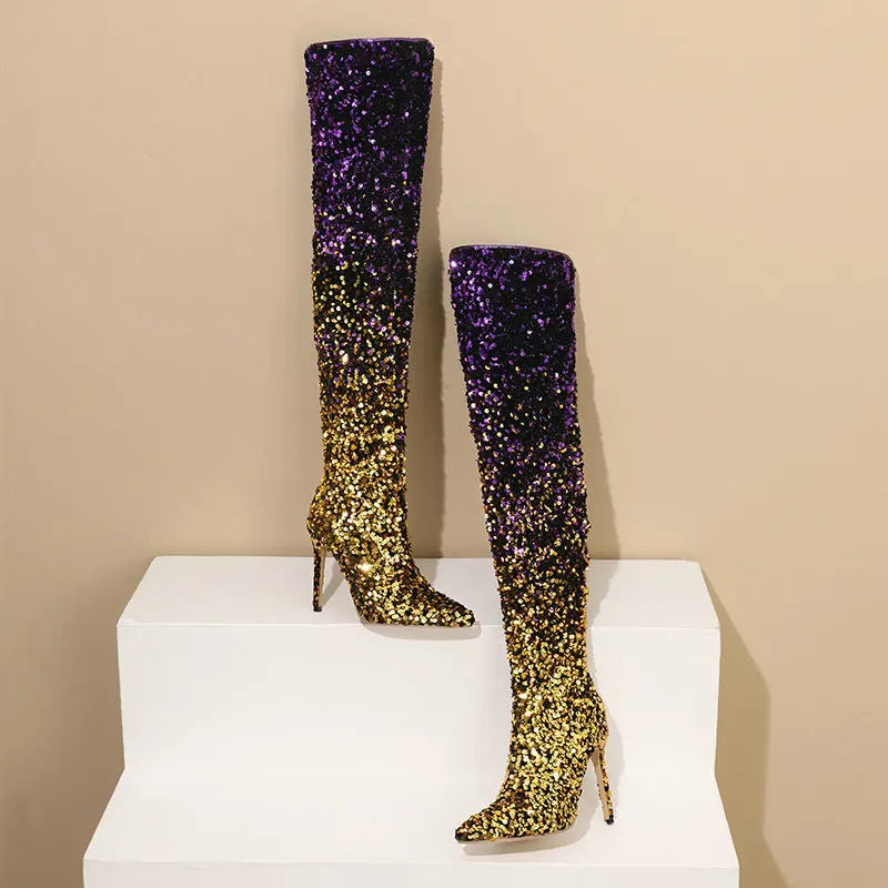 Shimmer & Stride: Gradient Sequin Over-the-Knee Boots with 11CM Heels