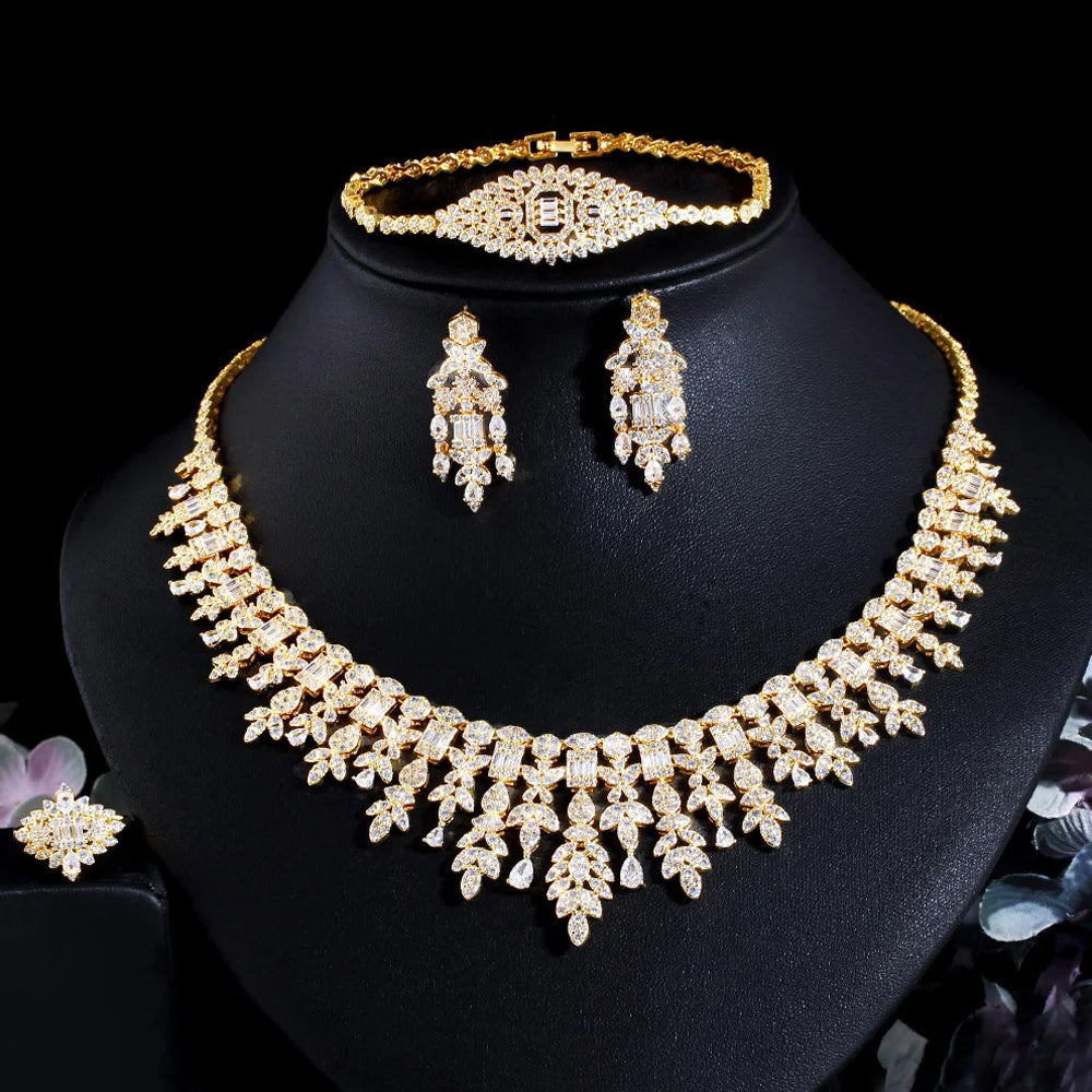 4PCS Luxury Gold Cubic Zirconia Bridal Jewelry Set – Sparkling Elegance for Dubai & Nigerian Weddings