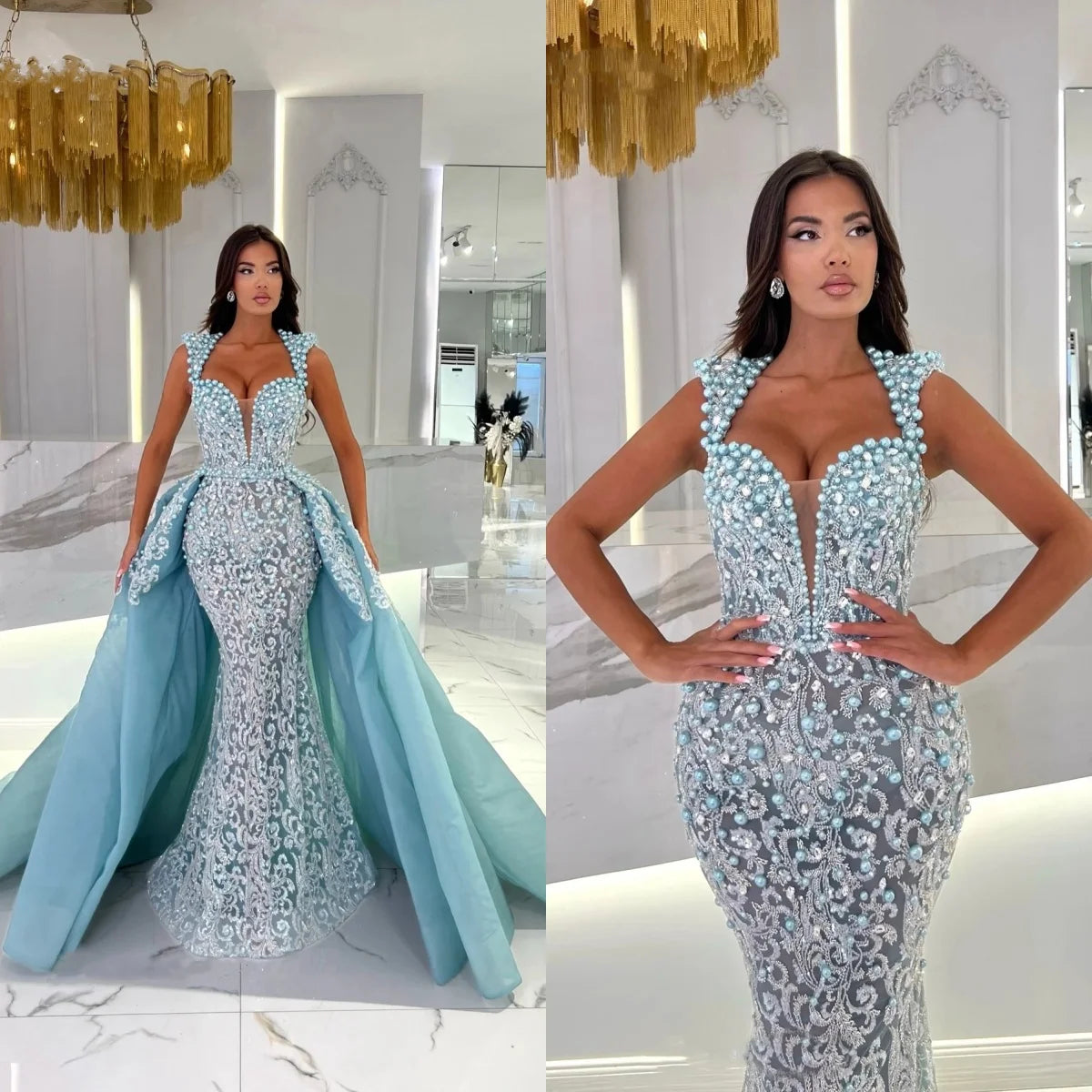 Luxury Pearl Beaded Evening Gown with Detachable Train – Custom Illusion Prom Dress